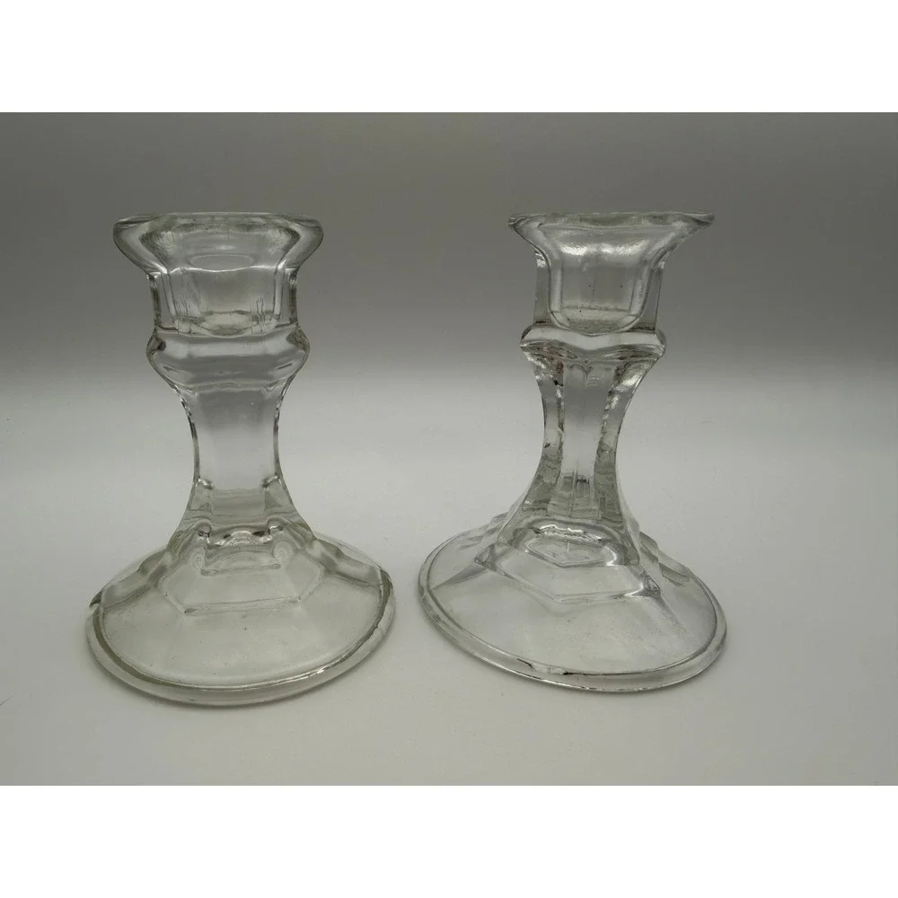 Vintage Clear Glass Hexagonal Base Taper Candlestick Holders Pair Set of 2